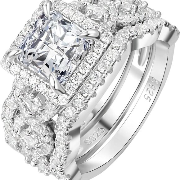 Jewelry - Princess Cut CZ Halo Engagement Ring for Women 925 Silver 14k Gold Plated